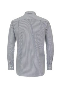 Lange mouwen shirt in lichtblauw met verticale witte strepen, met een standaard kraag, knoopmanchetten en een rugpasontwerp.