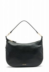 Schwarze Lederhandtasche mit geschwungenem Design, goldfarbenen Metallakzenten, einem einzelnen Schulterriemen und einem Reißverschluss für das Hauptfach.