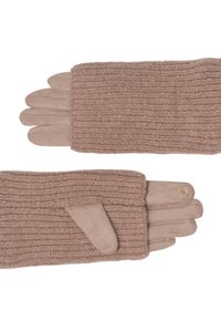 Lange beige gestrickte Handschuhe mit weichen Stoffhandflächen und einem kleinen Blumendetail an einem Fingerspitze, auf einem weißen Hintergrund flach dargestellt.