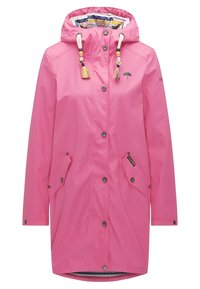 Impermeabile rosa lungo con cappuccio, lacci decorativi con perline, bottoni a pressione anteriore, tasche a filetto inclinati e un piccolo logo di ombrello sul petto.