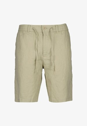 Jasnobeżowe lniane spodenki z zapięciem na guziki, szlufkami na pasek oraz regulowanym sznurkiem w talii.