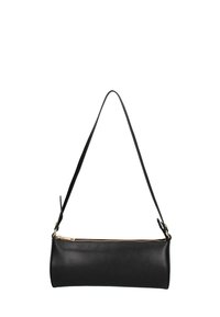 Borsa nera in pelle con forma cilindrica. Presenta una cerniera in oro e una tracolla sottile e regolabile. Texture liscia e opaca.