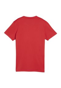 Rotes T-Shirt mit kurzen Ärmeln und rundem Ausschnitt, glatte Textur und einfarbig. Keine Muster oder zusätzlichen Designelemente sichtbar.