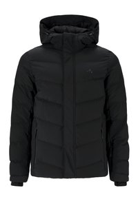 Schwarze Pufferjacke mit Reißverschluss vorne, Kapuze und Seitentaschen. Verfügt über gesteppte Einsätze und elastische Bündchen für Wärme und Komfort.