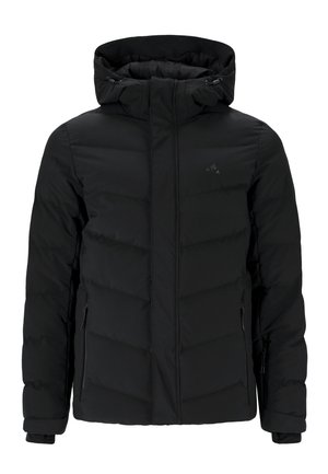 Schwarze Pufferjacke mit Reißverschluss vorne, Kapuze und Seitentaschen. Verfügt über gesteppte Einsätze und elastische Bündchen für Wärme und Komfort.