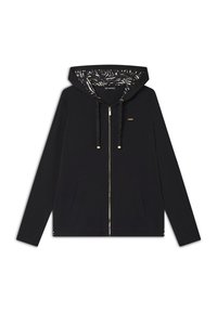 Felpa nera con zip e cappuccio foderato caratterizzato da un motivo. Include due tasche frontali e dettagli con cordoncino in metallo dorato.