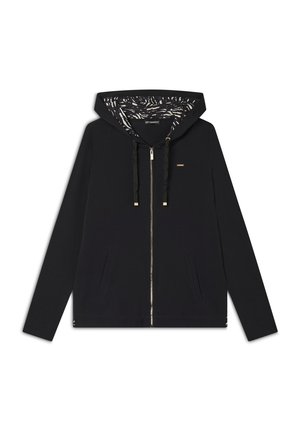 Felpa nera con zip e cappuccio foderato caratterizzato da un motivo. Include due tasche frontali e dettagli con cordoncino in metallo dorato.