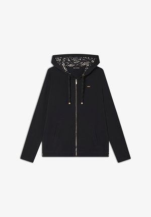 Felpa nera con zip e cappuccio foderato caratterizzato da un motivo. Include due tasche frontali e dettagli con cordoncino in metallo dorato.