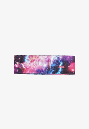 Stretchable fabric headband with a colorful galaxy print and "PAC" logo in pink on a white background.