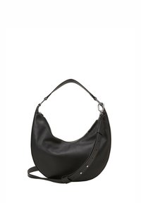 Borsa a mano in pelle nera a forma di mezzaluna con manico superiore e tracolla regolabile, dotata di hardware in tono argento e chiusura a zip.