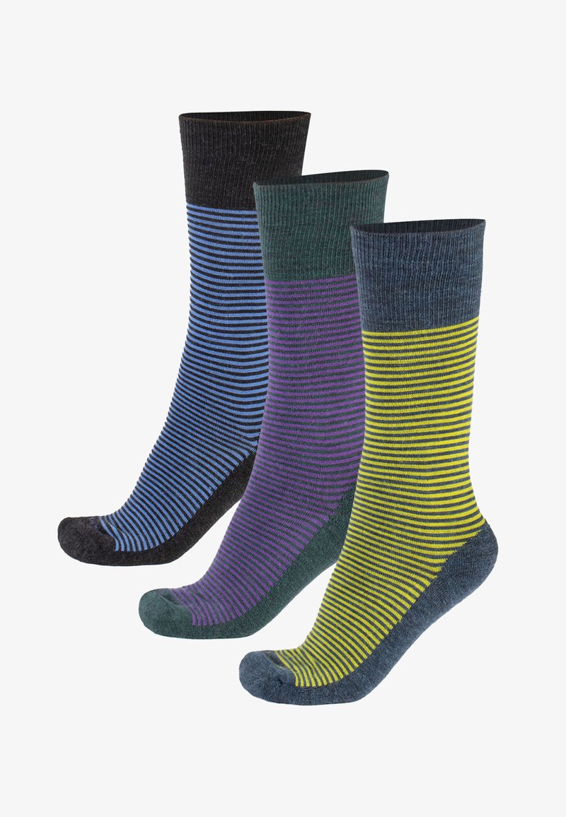 Calcetines a rayas en tres colores: negro con azul, morado con verde oscuro y amarillo con verde. Material cómodo, textura acanalada y anchos variados.