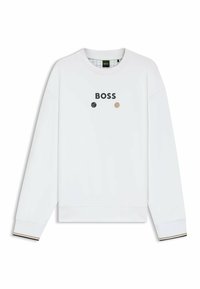 Felpa bianca con polsini a costine, con logo "BOSS" e tre design circolari colorati. Tessuto liscio e vestibilità rilassata.