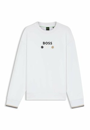 Vit sweatshirt med ribbad mudd, prydd med "BOSS"-logotyp och tre färgade cirkulära designer. Slät textur och avslappnad passform.