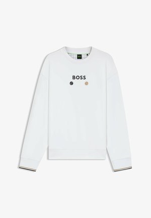 White sweatshirt with ribbed cuffs, featuring "BOSS" logo and three colored circular designs. Smooth texture and relaxed fit.