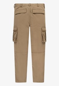 Pantalones cargo beige con un corte recto, que cuentan con cuatro bolsillos, pasadores para cinturón y detalles de costura. Fabricados en una tela de algodón duradera.