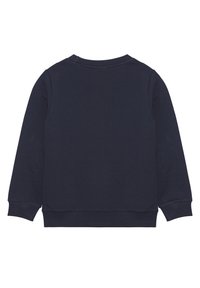 Felpa blu scuro con maniche lunghe, scollatura rotonda, polsini e orlo a costine. Tessuto liscio, senza motivi o accenti visibili.