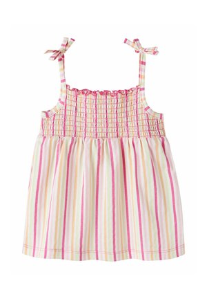 Sleeveless toddler dress with pink, yellow, and white vertical stripes, smocked bodice, ruffled neckline, and tied shoulder straps.