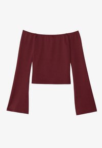 Burgundy av-axeln topp med trumpetsärmar, gjord av mjukt, elastiskt material, med en figurnära kropp och slät textur.