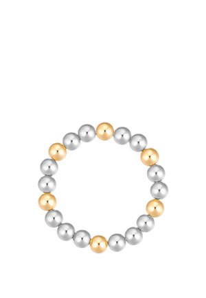 Dehnbares Armband aus abwechselnd silbernen und goldenen runden Metallperlen, die in einem Kreis auf weißem Hintergrund angeordnet sind.