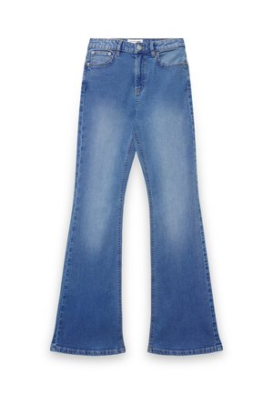 Jeans svasati in denim azzurro chiaro, con vita a metà altezza, tasche frontali e zone scolorite per un effetto usurato.