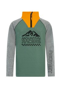 Zelený pulóver s dlhým rukávom a polovičným zipsom na orange farbe, šedé textúrované rukávy, grafika hory a logo "Mountain Racers".