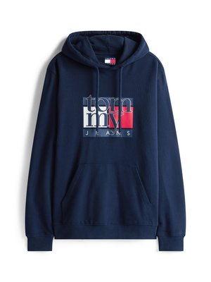 Marineblaue Kapuzenjacke mit einer vorderen Kängurutasche. Enthält ein grafisches Logo mit roten, weißen und blauen Elementen. Hergestellt aus einem Baumwollmischgewebe.