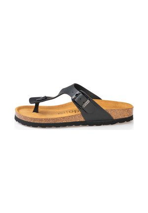 Sandales noires à brides avec semelle en liège et semelle extérieure en caoutchouc durable. Présente un accent de boucle et des sangles texturées lisses.
