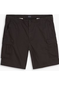 Black cargo shorts featuring a flat front, two side pockets, and two cargo pockets on the thighs. Made from a durable cotton blend material.