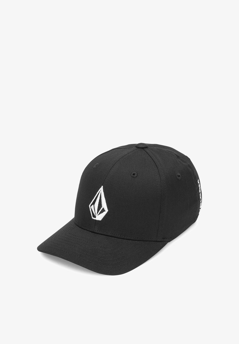 Casquette de baseball noire avec un logo géométrique blanc brodé à l'avant, conception à six panneaux et visière courbée sur fond blanc.