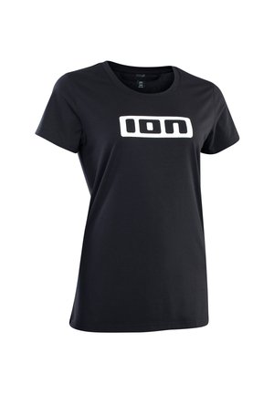 Sort kortærmet dameskjorte med hvidt "ION" logo centreret på brystet, rund halsudskæring og almindelig pasform.