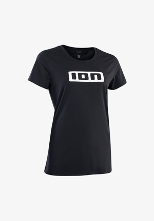 Zwart dames t-shirt met korte mouwen en wit "ION" logo in het midden van de borst, met ronde hals en normale pasvorm.