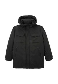 Parka noire avec capuche, dotée de deux poches poitrine, de poches latérales et d'une fermeture éclair à l'avant. Tissu lisse, silhouette structurée.