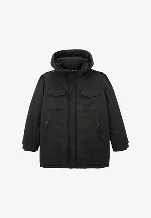 Parka noire avec capuche, dotée de deux poches poitrine, de poches latérales et d'une fermeture éclair à l'avant. Tissu lisse, silhouette structurée.