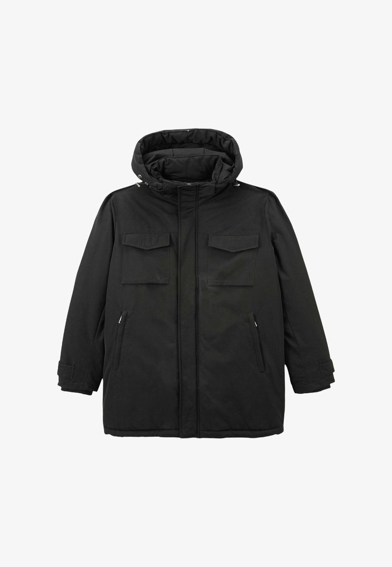 Parka noire avec capuche, dotée de deux poches poitrine, de poches latérales et d'une fermeture éclair à l'avant. Tissu lisse, silhouette structurée.