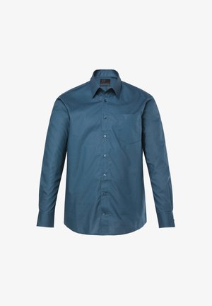 Langärmeliges Hemd mit Knöpfen aus dunkelblauem Stoff. Verfügt über einen spitzen Kragen, eine Brusttasche und passende Knöpfe, mit einer glatten Textur.