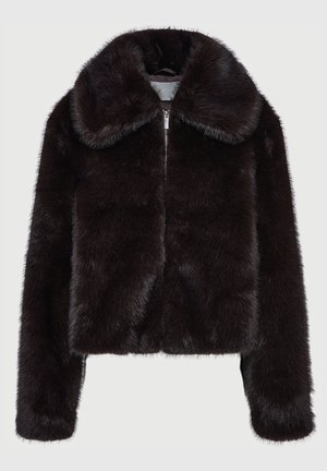 Faux fur jakke i mørkebrun, med en bred krave, lynlås lukning og en blød, tekstureret overflade med et cropped design.