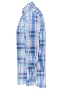 Long-sleeve plaid shirt in light blue, featuring red and white accents. Made of woven fabric with a button-up collar and cuff details.