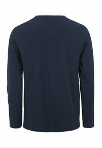 Långärmad skjorta i navy bomull. Har en rund hals och en mjuk textur med en enkel design. Inga synliga mönster eller detaljer.