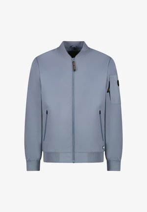 Light blue bomber jacket made of smooth fabric. Features a front zipper, side pockets, and a zipped sleeve pocket with a circular accent.