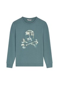 Felpa a maniche lunghe color turchese con una grafica di teschio e ossa incrociate a motivo in blu chiaro e blu navy al centro davanti.