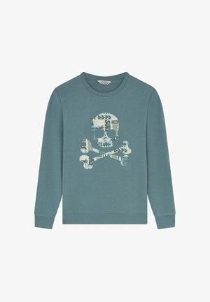 Teal sweatshirt met lange mouwen met een gepersonaliseerde afbeelding van een schedel en kruisboten in lichtblauw en marineblauw aan de voorkant in het midden.