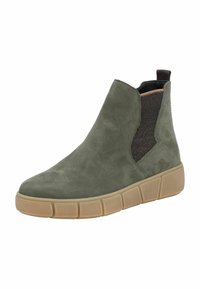 Botines de ante verde con paneles laterales elásticos y suelas de goma marrón. Incluyen una tira en la parte trasera para facilitara poner y quitar.