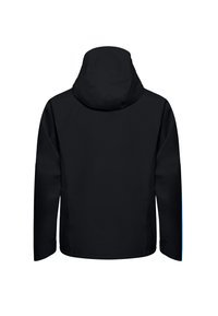 Zwarte waterdichte jas met een capuchon, lange mouwen en een minimalistisch design. Heeft een gladde textuur en contrasterende blauwe accenten aan de zijkanten.