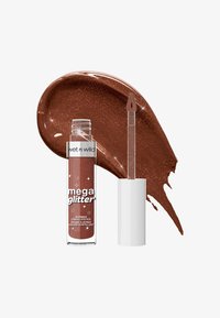 Brun glittrig läppstift i en genomskinlig tub med vit lock och applikator. Swatch av samma nyans bredvid produkten.