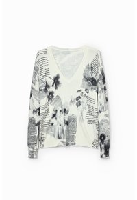 Maglietta a maniche lunghe con scollo a V in crema, decorata con stampe floreali nere e motivi di giornale, caratterizzata da una consistenza morbida e un fit rilassato.