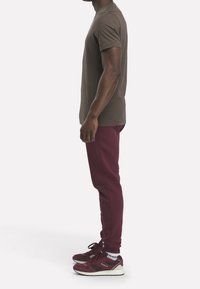 Camiseta marrón de manga corta combinada con pantalones ceñidos burdeos y zapatillas rojas con acentos verdes. Diseño limpio, materiales ligeros.