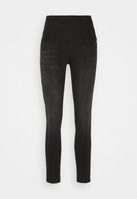 Jeans negros de talle alto, ajustados, con una textura suave, corte slim y dos bolsillos frontales. La tela tiene un ligero brillo. Sin herrajes visibles.