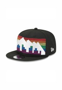 Black baseball cap featuring an embroidered mountain design in white and colorful horizontal stripes across the front.