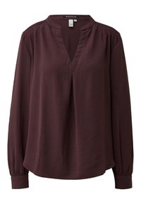 Bordeauxrode blouse met lange mouwen, een V-hals, zachte textuur, gedetailleerde plooien aan de mouwen en zijsplits aan de zoom.