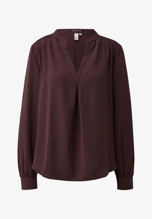 Bordowa bluzka z długim rękawem i dekoltem w serek, wykonana z miękkiej, teksturowanej tkaniny, z marszczonymi detalami na rękawach oraz rozcięciami po bokach na dole.